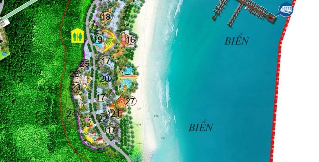 Cụm tiện ích vui chơi ngoài trời được ký hiệu từ 16 đến 22 trên mặt bằng tổng thể Cụm tiện ích vui chơi ngoài trời được ký hiệu từ 16 đến 22 trên mặt bằng tổng thể