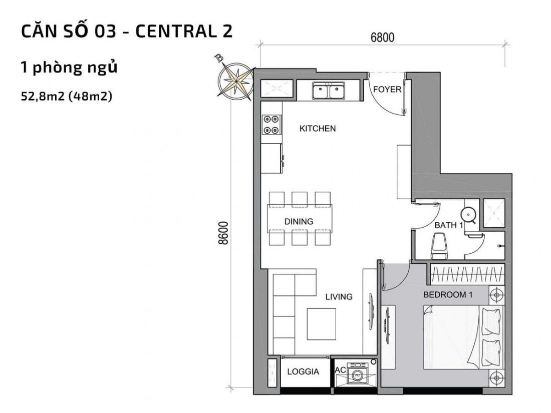 Layout điển hình mẫu căn 1 phòng ngủ dự án