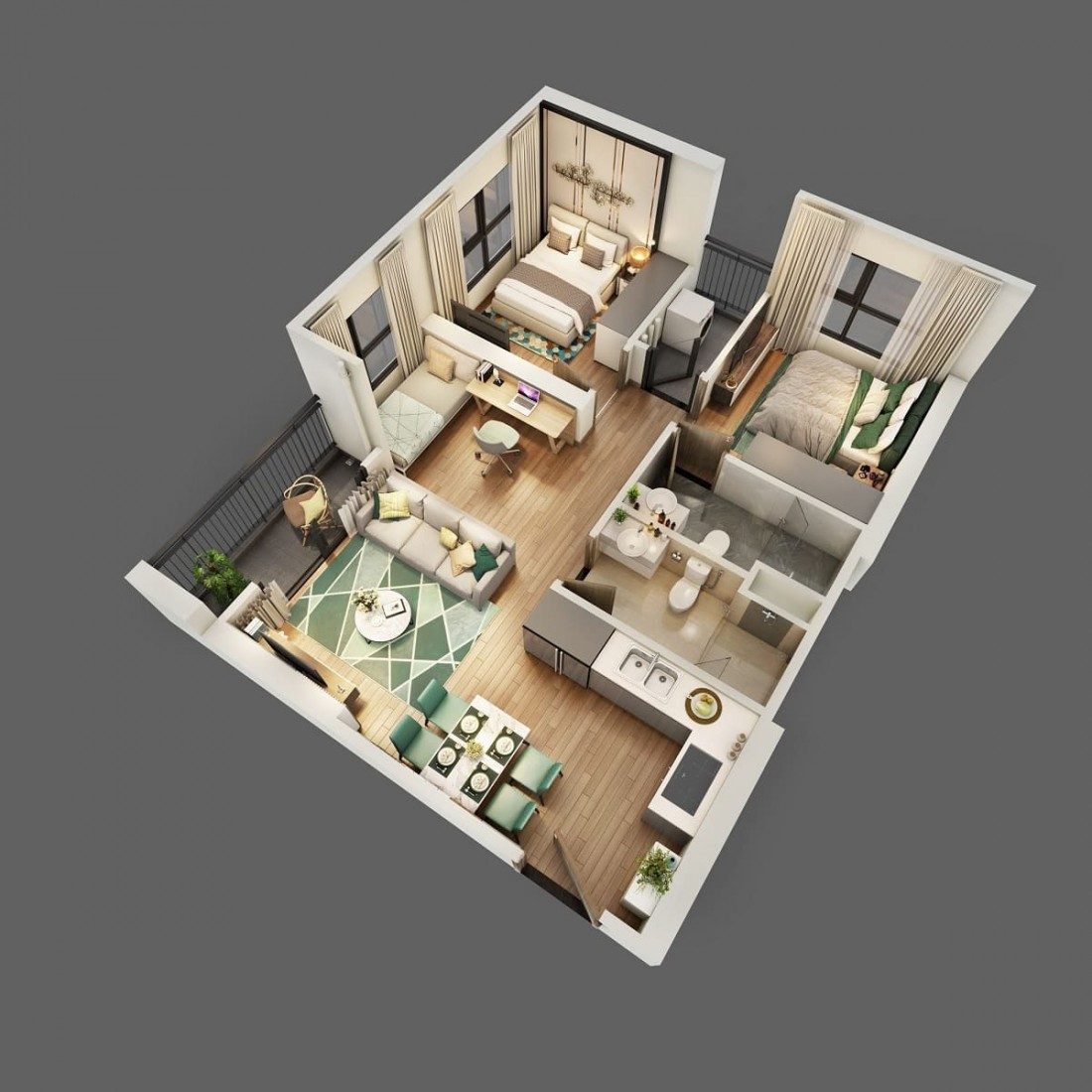 Layout thiết kế mẫu căn hộ 2 phòng ngủ + 1 khác Layout thiết kế mẫu căn hộ 2 phòng ngủ + 1 khác
