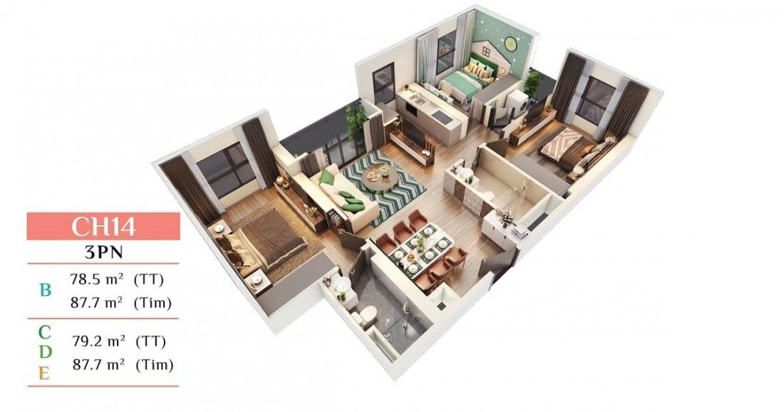 Layout thiết kế mẫu căn hộ 3 phòng ngủ Layout thiết kế mẫu căn hộ 3 phòng ngủ