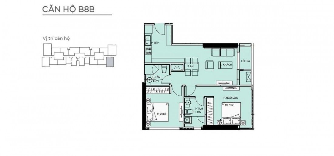 Layout xây dựng điển hình mẫu căn 2 phòng ngủ