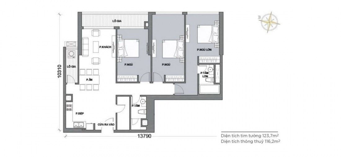 Layout xây dựng điển hình mẫu căn 3 phòng ngủ