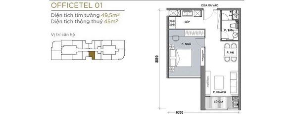 Mặt bằng căn Officetel 1 phòng ngủ điển hình