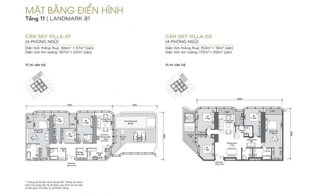 Mặt bằng căn Sky Villas 4 phòng ngủ sang chảnh với sự hiện diện của hồ bơi đẳng cấp