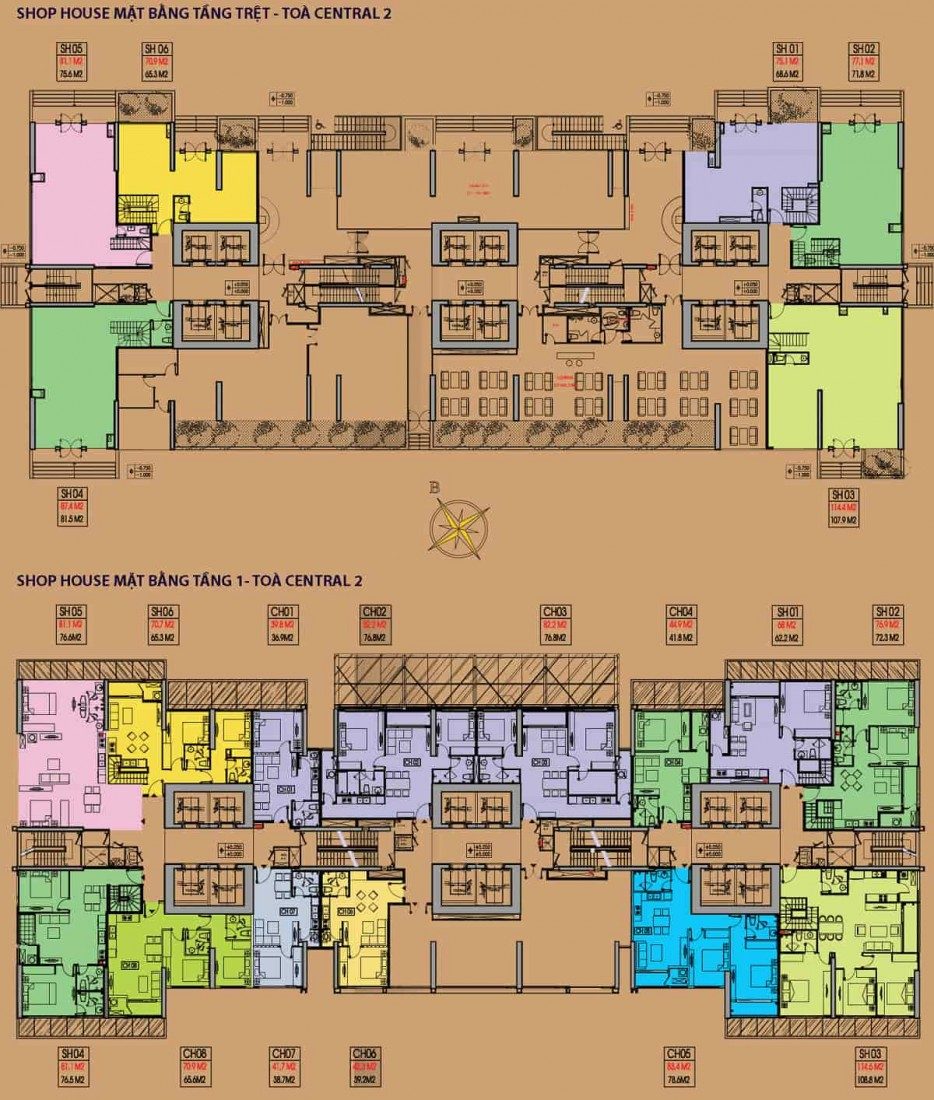 Mặt bằng Shophouse Central 2 hiện hữu tại tầng trệt, tầng 1