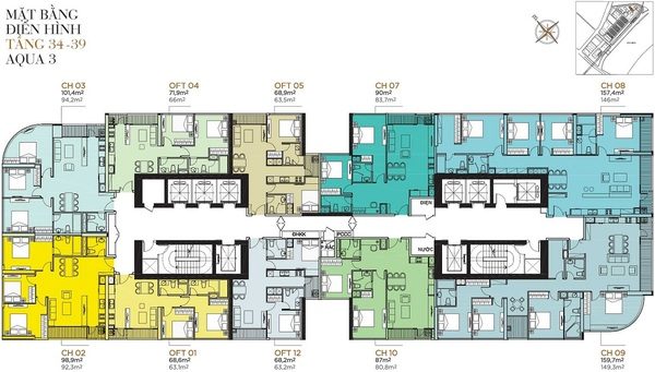 Mặt bằng tầng 34 đến 39 tháp Aqua 3