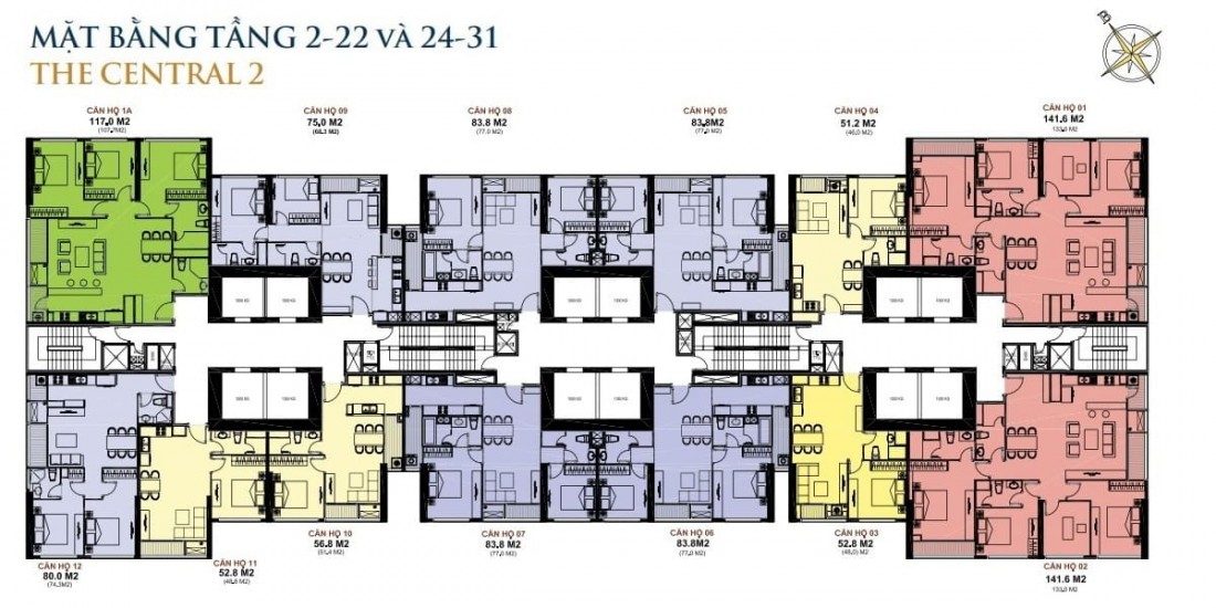 Mặt bằng tầng điển hình Central 2 với 13 căn/sàn