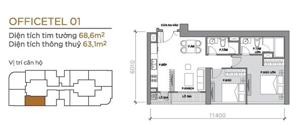 Mặt bằng thiết kế căn Officetel 2  phòng ngủ