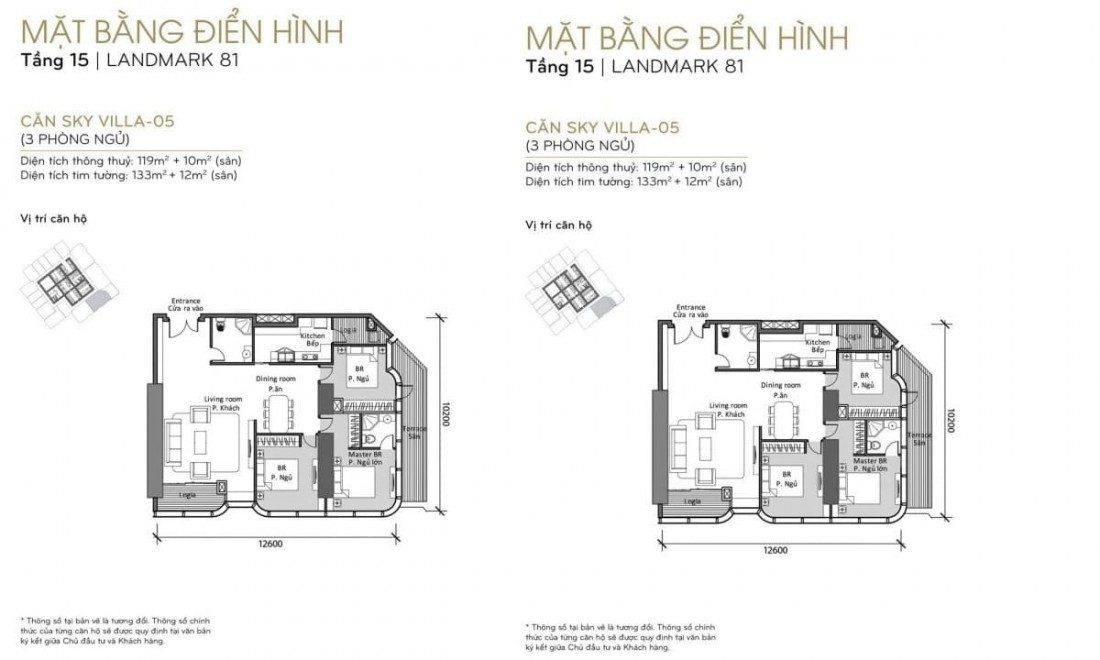 Mặt bằng thiết kế điển hình căn Sky Villas 3 phòng ngủ tại Landmark 81