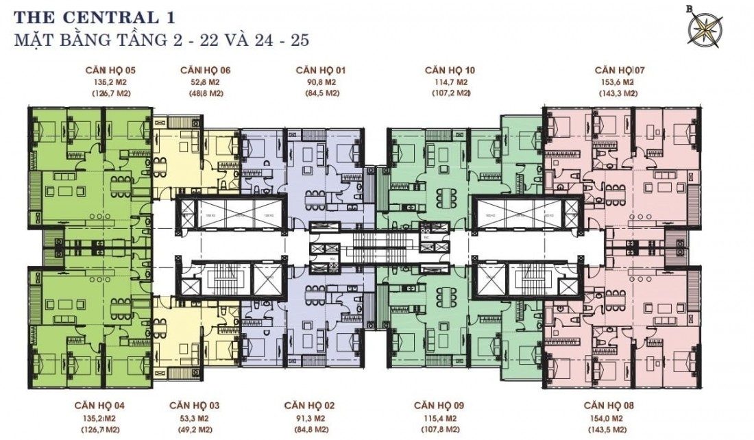 Mặt bằng thiết kế tầng điển hình tại Central 1 với 10 căn hộ/sàn