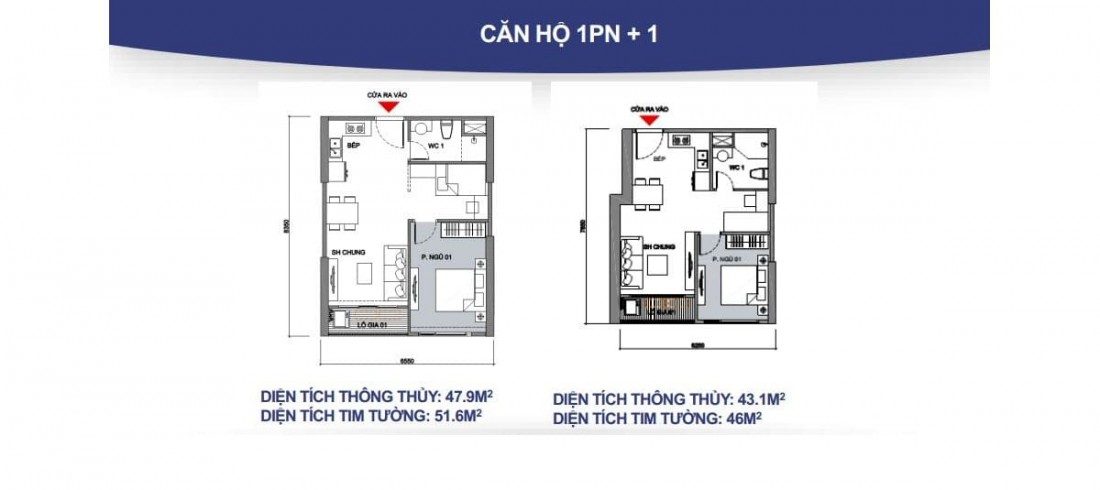 Mặt bằng xây dựng tiêu chuẩn cho mẫu căn hộ 1 phòng ngủ + 1 tại The Rainbow