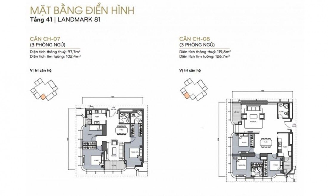 Thiết kế căn 3 phòng ngủ diện tích 102m2, 126m2