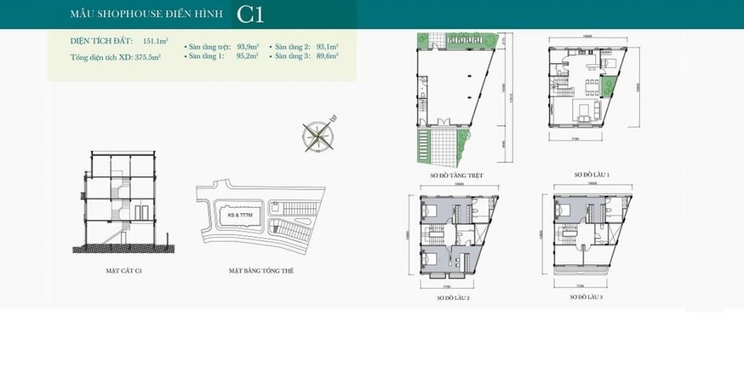 Mặt bằng chi tiết mẫu Shophouse C Mặt bằng chi tiết mẫu Shophouse C
