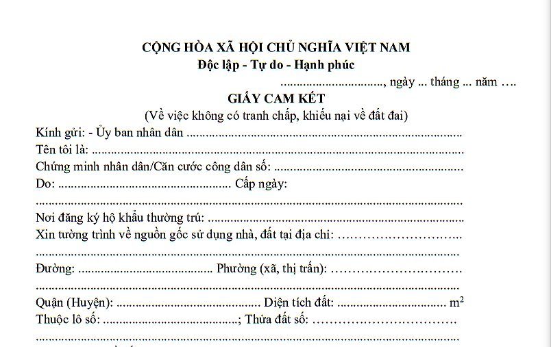 mẫu giấy cam kết đất đai