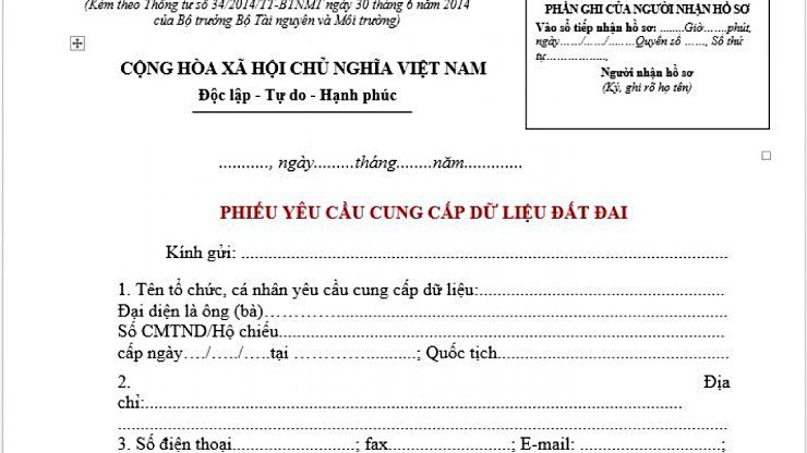 phiếu yêu cầu cung cấp dữ liệu đất đai