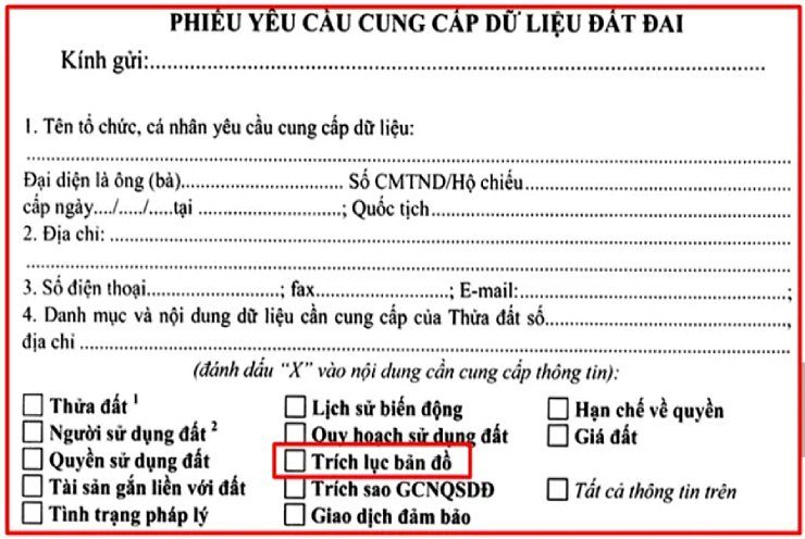 phiếu yêu cầu cung cấp dữ liệu đất đai